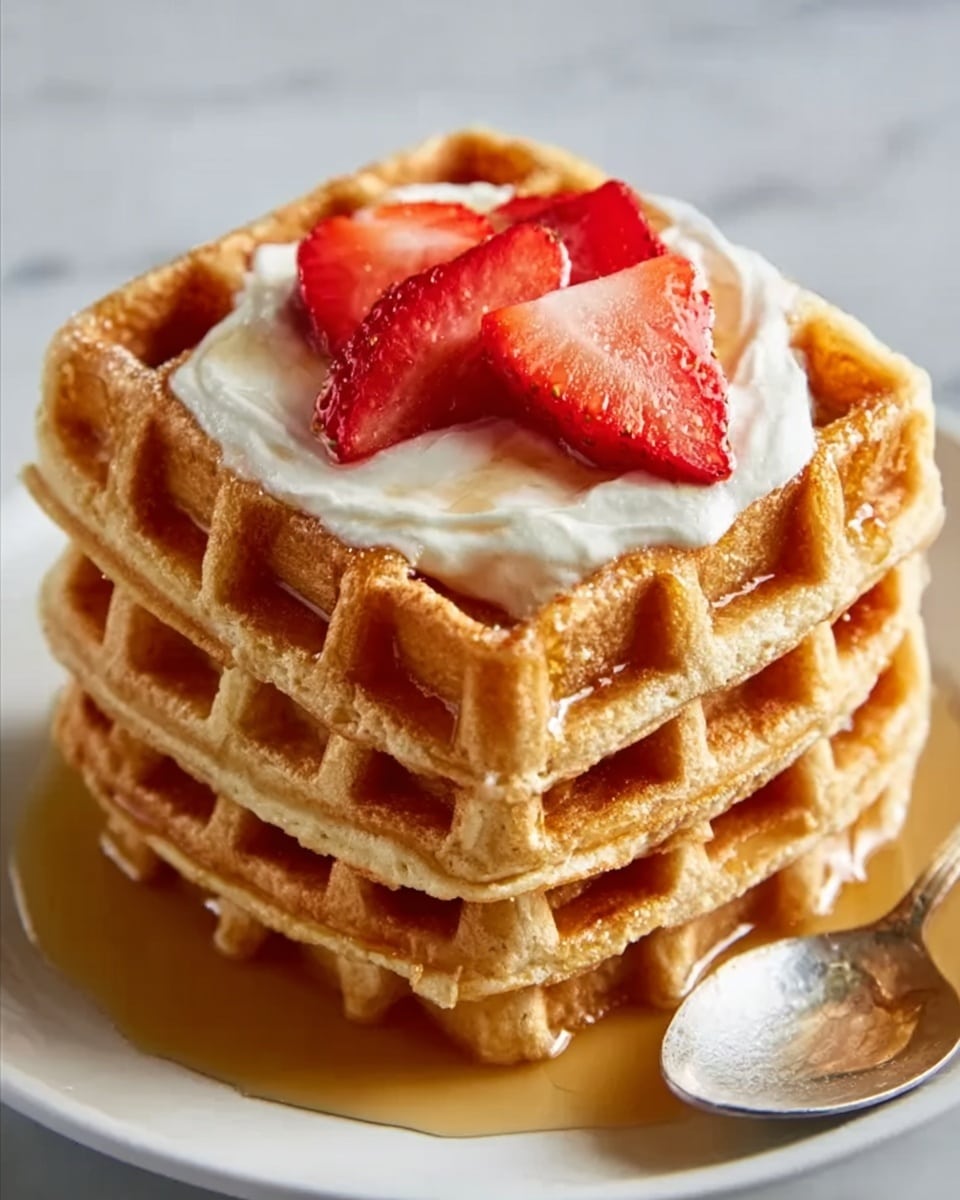 A stack of four thick golden-brown waffles sits in the center of a white plate, each waffle showing a crisp texture with a grid pattern. On top of the stack, there is a white cream layer, smooth and slightly glossy, topped with two bright red strawberry slices. The waffles have a square shape with rounded edges, and syrup is pooling around the base on the white marbled surface. A silver spoon is placed at the bottom right corner of the plate, and the photo is taken with an iphone --ar 4:5 --v 7