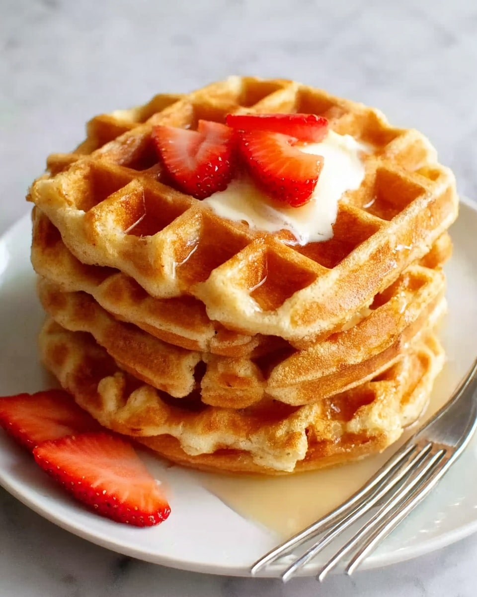 A stack of four golden brown waffles sits in the center of a white plate. The waffles have a crispy texture with visible square pockets. On top of the stack, there is a small dollop of melting butter partially soaking into the top waffle, and a few thin slices of bright red strawberries are placed over the butter. A silver fork rests to the right side of the plate. The background surface is white with a soft marbled pattern. Photo taken with an iphone --ar 4:5 --v 7
