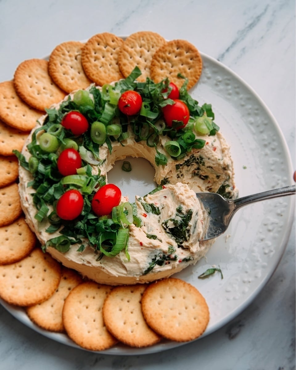 The image shows a round salad wreath on a wooden board with a white marbled background. The wreath has three visible layers: the bottom layer consists of chopped orange cheese, giving a chunky texture; the middle layer is a lush bed of leafy green herbs and lettuce, adding fullness and brightness; the top layer is sprinkled with finely diced red tomatoes, scattered evenly across the greens, creating a colorful contrast. Photo taken with an iphone --ar 4:5 --v 7