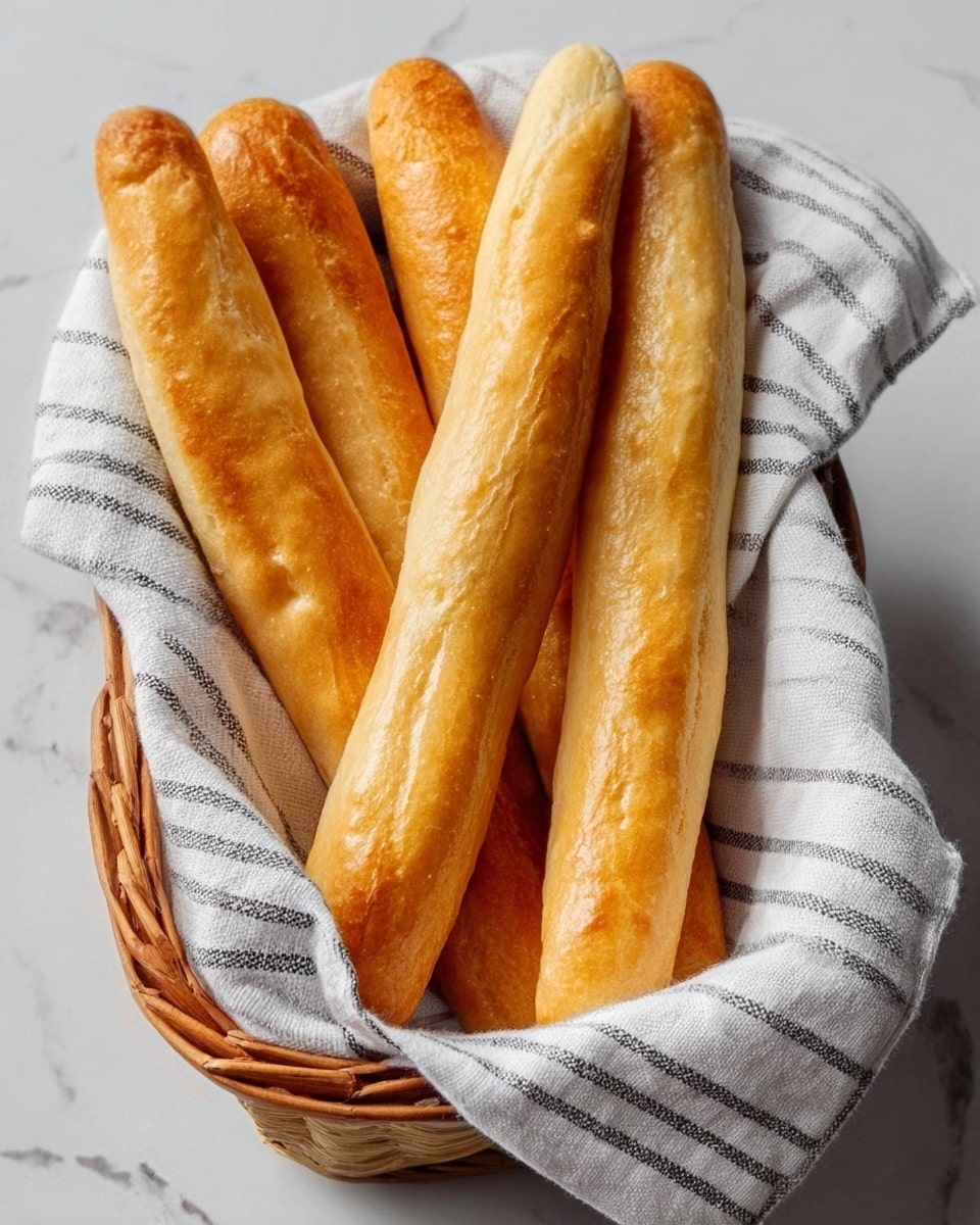 A basket lined with a white cloth that has gray stripes holds six long, golden brown breadsticks. The breadsticks have a smooth, shiny surface with a soft texture and slightly rounded ends. The basket sits on a white marbled surface, highlighting the warm color of the fresh breadsticks. photo taken with an iphone --ar 4:5 --v 7
