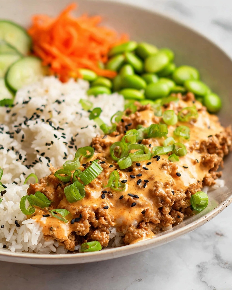 The image shows a close-up of a white shallow bowl filled with a layered dish. On one side, there is a layer of fluffy white rice sprinkled with black sesame seeds. Next to the rice is a generous portion of ground meat covered in a creamy orange sauce, topped with sliced green onions and scattered black sesame seeds. Behind the meat, there are bright green edamame beans and sliced cucumbers, with a small amount of shredded orange carrot in the corner. The dish is placed on a white marbled surface. photo taken with an iphone --ar 4:5 --v 7