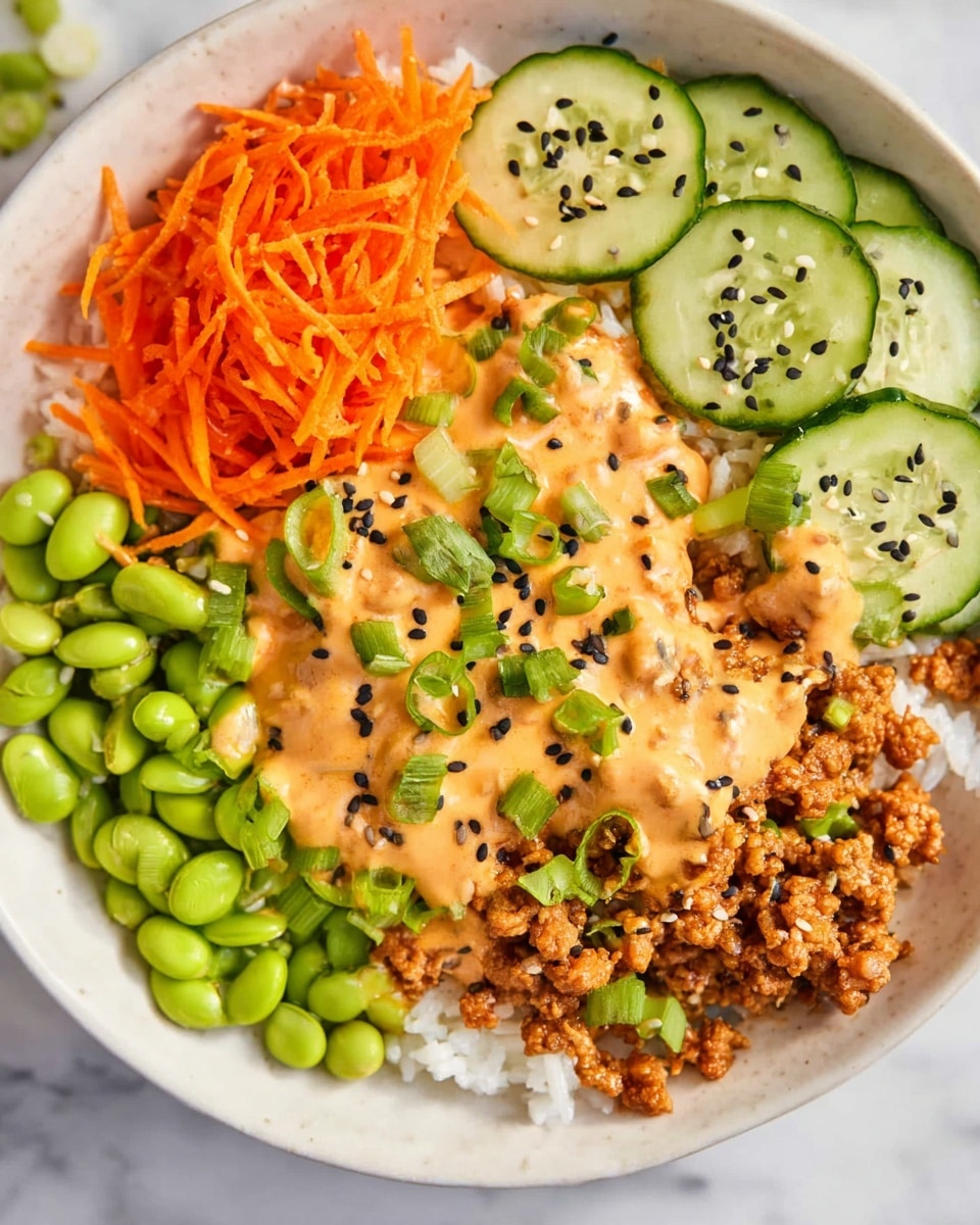 A white bowl contains a colorful dish with five main layers arranged next to each other: shredded bright orange carrots on the top left, round slices of fresh green cucumber with black sesame seeds on the top right, a pile of green edamame on the middle left, white rice at the bottom left, and crumbled cooked meat at the bottom right covered with a creamy light orange sauce. The sauce is topped with chopped green onions and sprinkled black sesame seeds. The bowl is placed on a white marbled surface. Photo taken with an iphone --ar 4:5 --v 7