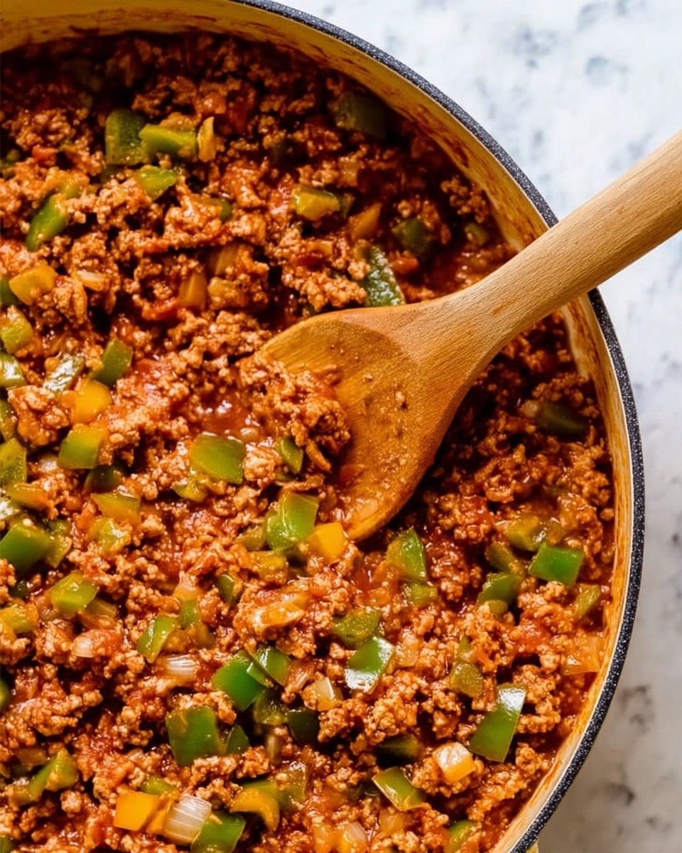The image shows a close-up of a large cooking pot filled with a ground meat mixture. The mixture has a chunky texture with small pieces of cooked meat, mixed with diced green and yellow bell peppers and small bits of onion, all coated in a reddish sauce. A wooden spoon is resting in the pot, mixing the contents, with the spoon's bowl partially buried in the food. The background is a white marbled surface that adds a clean contrast to the warm colors of the dish. photo taken with an iphone --ar 4:5 --v 7
