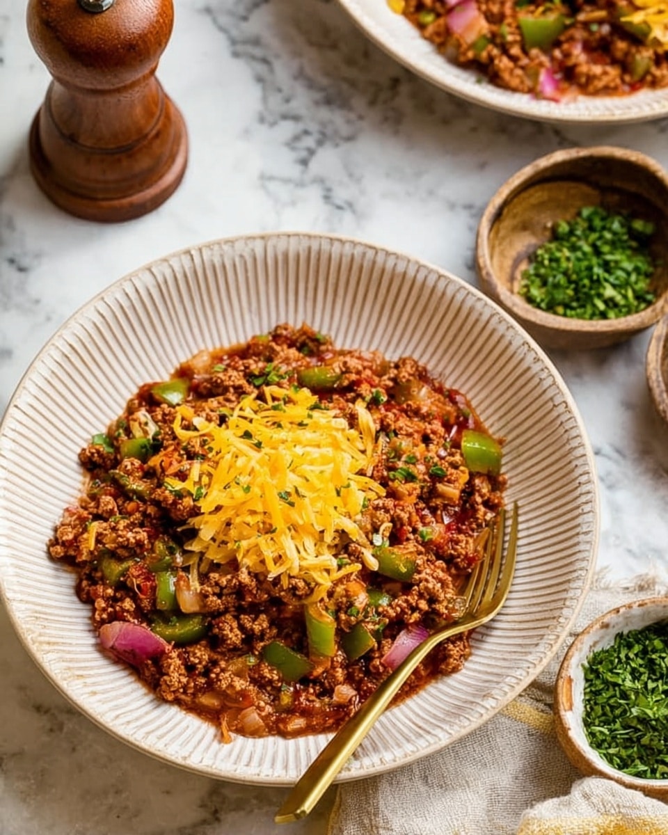 A shallow white bowl with vertical ridges holds a cooked dish made of small crumbled ground meat mixed with diced green bell peppers and red onions, all coated in a rich, reddish-brown sauce. On top, there is a layer of shredded bright yellow cheese scattered in the center. Chopped green herbs are sprinkled over the dish for garnish. A gold fork rests on the right edge of the bowl. The surface under the bowl is a white marbled texture with small bowls containing green herbs and more shredded cheese nearby, as well as a wooden pepper grinder. Photo taken with an iphone --ar 4:5 --v 7