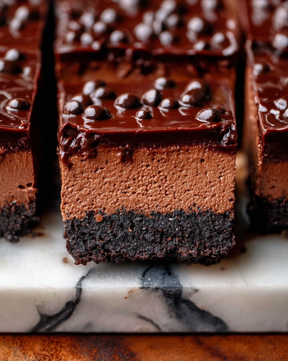 A close-up view of a rich chocolate dessert bar with four visible layers, placed on a white marbled surface. The bottom layer is dark and crumbly like a chocolate cookie crust, followed by a thick, dense chocolate mousse layer with a smooth texture. Above this is a slightly lighter and creamy chocolate mousse layer, topped with a glossy, dark chocolate ganache that has a shiny finish and small round chocolate beads scattered on top for decoration. The dessert pieces are cut into neat squares, and one square is lifted slightly above the others in the center of the image. Photo taken with an iphone --ar 4:5 --v 7