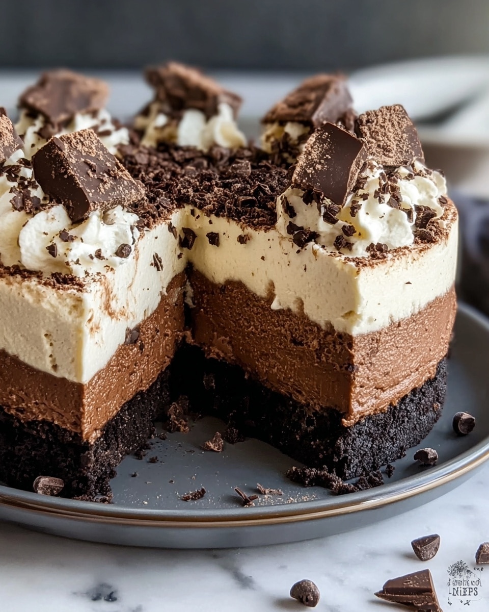 The image shows a layered chocolate mousse cake with three main layers on a dark grey plate. The bottom layer is a crumbly dark brown chocolate crust. Above it is a thick dark chocolate mousse layer that looks smooth and dense. The top layer is a thick creamy white mousse with small chocolate crumbs sprinkled all over it. On top, there are dollops of white cream, large chocolate chunks, and scattered chocolate chips, adding a textured, rich finish. One slice is cut and slightly pulled out, revealing the thickness and creaminess of each layer. The plate sits on a white marbled surface, with a few chocolate chips and crumbs around. Photo taken with an iphone --ar 4:5 --v 7