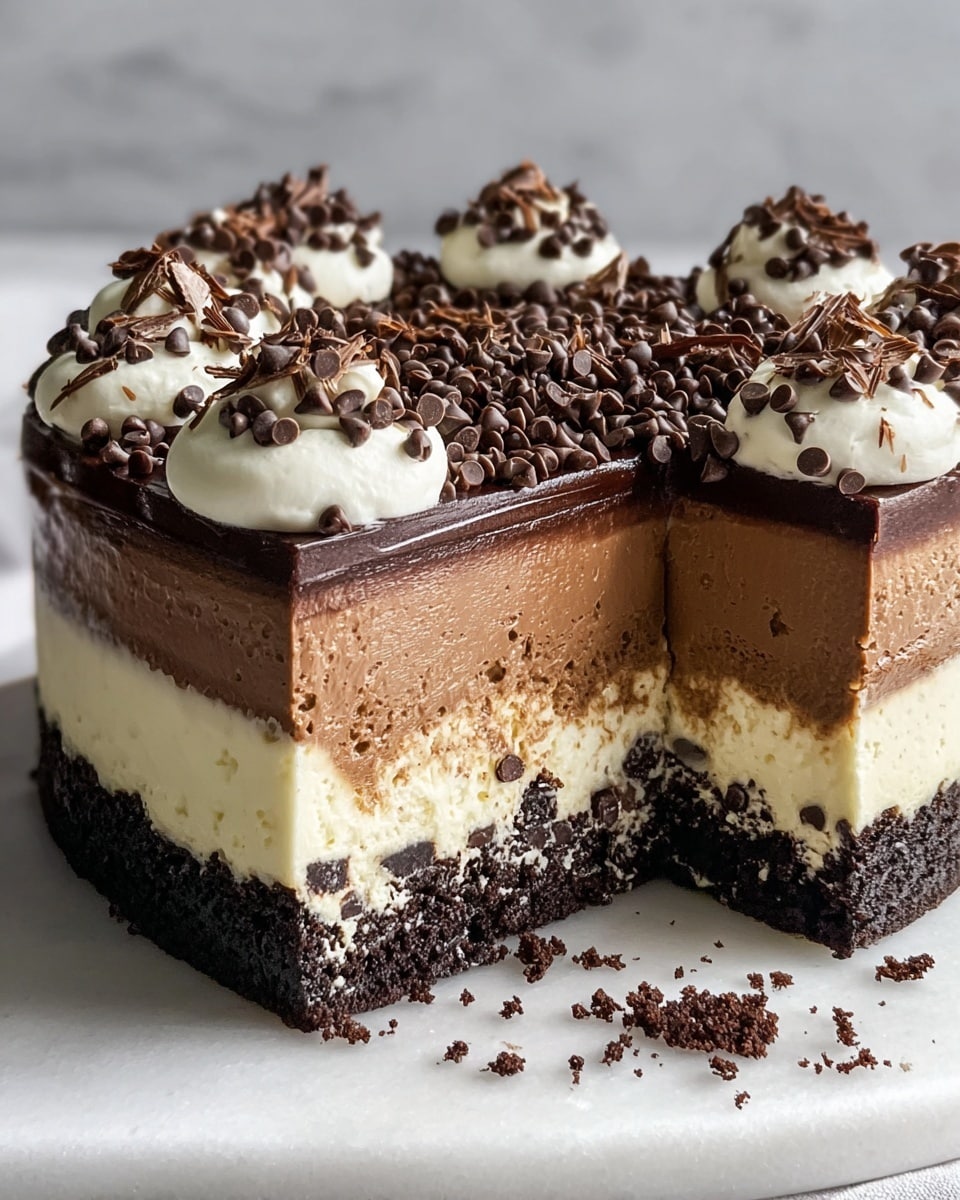 A sliced cake with four visible layers sits on a white marbled textured surface; the bottom layer is a dark, crumbly chocolate base, above it is a thick smooth dark chocolate layer, then a thick creamy white layer with a soft texture, topped by a glossy milk chocolate layer. The top surface is decorated with small, rich dark chocolate chips sprinkled all over, with dollops of white whipped cream garnished with shaved dark chocolate pieces on top. The cake has a rich, textured look, with crumbs scattered around the base. photo taken with an iphone --ar 4:5 --v 7