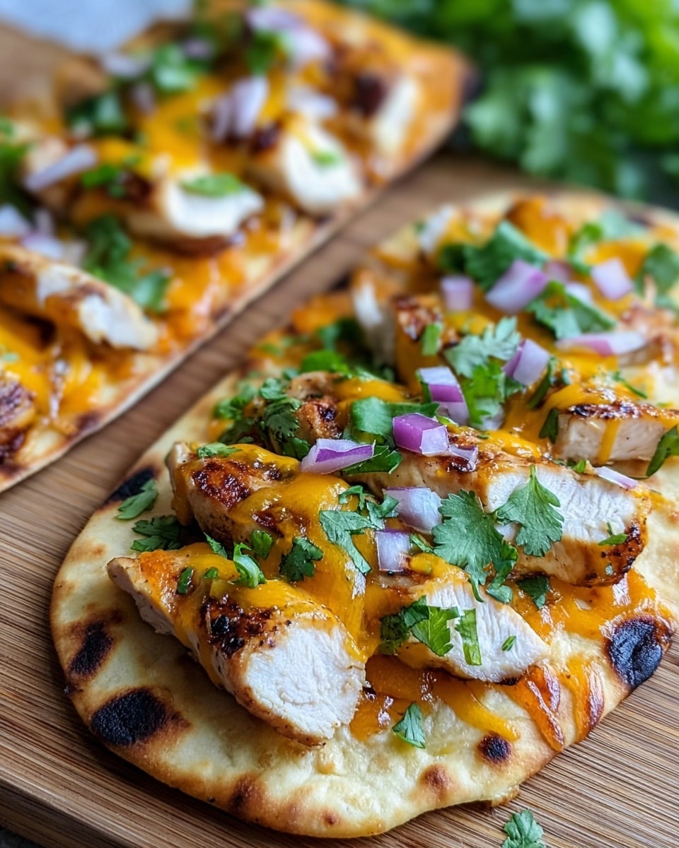 The image shows two pieces of flatbread topped with layers of grilled chicken, melted orange cheese, and fresh green cilantro leaves. The flatbread is thin and golden brown with some toasted spots. The grilled chicken pieces are thick with a slightly charred exterior and a white and juicy inside. Scattered thin slices of purple onion and small pieces of green onion add pops of color on top. All of this is placed on a wooden surface with a few sprigs of cilantro in the background. Photo taken with an iphone --ar 4:5 --v 7