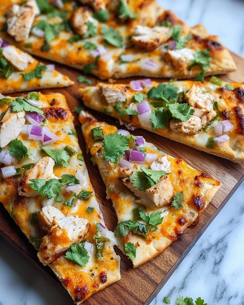 The image shows several slices of grilled chicken flatbread pizza arranged on a wooden board. Each slice has a golden, thin crust base topped with a layer of melted cheese that has patches of orange, likely from cheddar or a spicy sauce. Grilled white chicken pieces with light brown char marks cover the slices. Small chunks of purple onion and green bell pepper sprinkled on top add color and texture. Bright green cilantro leaves are scattered over the pizza, giving it a fresh look. The background is a white marbled surface. photo taken with an iphone --ar 4:5 --v 7