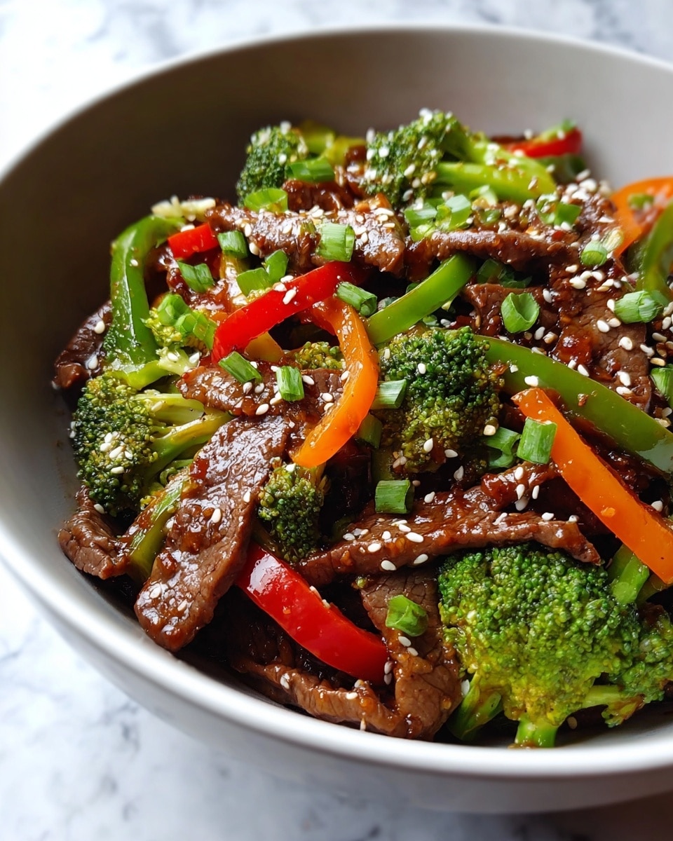 The image shows a close-up of a beef stir-fry dish in a white bowl, placed on a white marbled surface. The dish has several layers: the bottom layer is dark brown beef slices with a glossy texture, mixed with bright green broccoli florets that have a fresh, slightly bumpy texture. Interspersed are thin strips of bell peppers in red, orange, and green colors, adding variation in shape and vibrant colors. The dish is garnished on top with small pieces of chopped green onions and sprinkled white sesame seeds that add texture and contrast. The lighting highlights the shiny sauce coating the ingredients. photo taken with an iphone --ar 4:5 --v 7