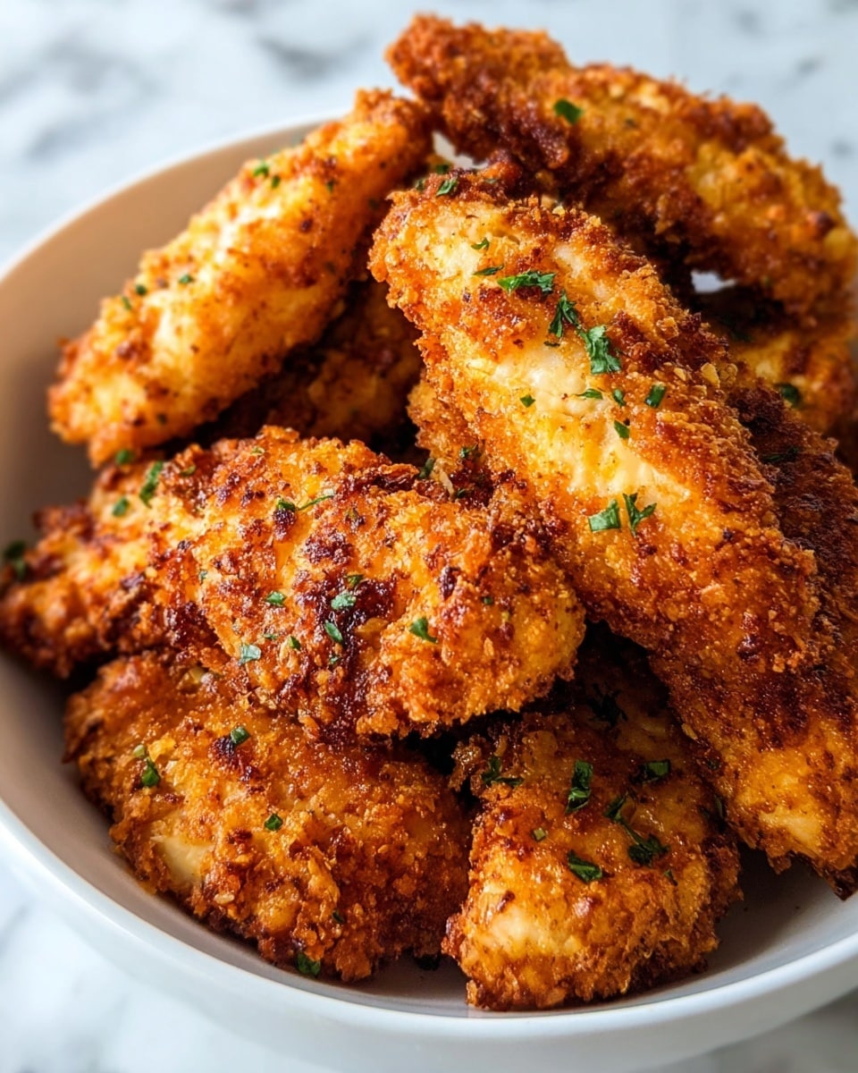 The image shows a close-up of a pile of golden brown, crispy fried chicken tenders stacked in a white bowl. The tenders have a crunchy texture with a well-breaded crust that is slightly browned and speckled with dark spots from frying, giving them a crunchy look. Small green herb pieces are sprinkled on top, adding a fresh color contrast. The background is a white marbled texture, enhancing the warm tones of the chicken. photo taken with an iphone --ar 4:5 --v 7