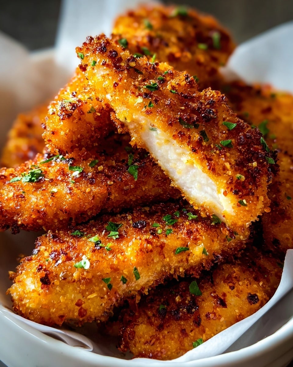 A close-up view of several crispy fried chicken strips stacked in a white bowl lined with white paper, each strip showing a golden brown crunchy texture with a mix of light and darker spots from frying, sprinkled with small pieces of green herbs on top and scattered around, highlighting the rough, crumbly coating and tender white chicken inside. photo taken with an iphone --ar 4:5 --v 7