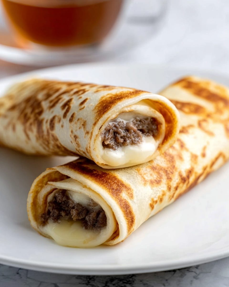 The image shows two rolled crepes placed side by side on a white plate. Each crepe has a thin, light golden-brown outer layer, clearly cooked with small darker brown spots. Inside, there is a filling with two visible layers: a creamy white melted cheese layer and a darker brown minced meat layer, both tightly packed within the crepes. The background has a white marbled texture, and a clear cup of tea is blurred out in the back. The photo taken with an iphone --ar 4:5 --v 7