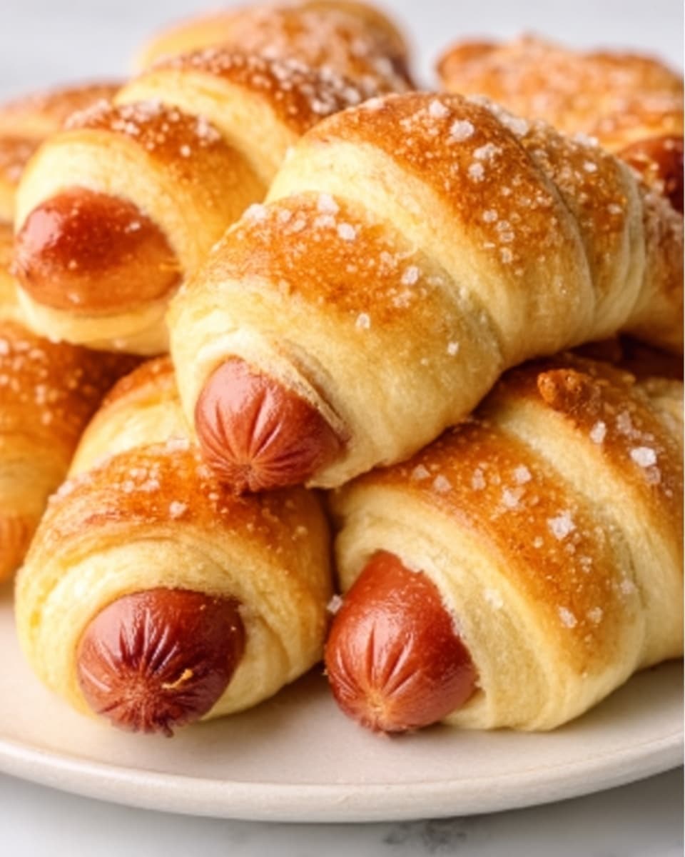 The image shows soft, golden-brown crescent rolls wrapped around hot dogs. Each roll is fluffy with a slightly shiny surface and sprinkled lightly with coarse salt. The rolls are layered tightly around the hot dogs, covering most of them except the rounded ends that peek out. The texture looks soft and slightly crispy on top with a warm, baked color that contrasts nicely with the reddish-brown hot dogs inside. The food is placed on a white plate resting on a white marbled surface. Photo taken with an iphone --ar 4:5 --v 7