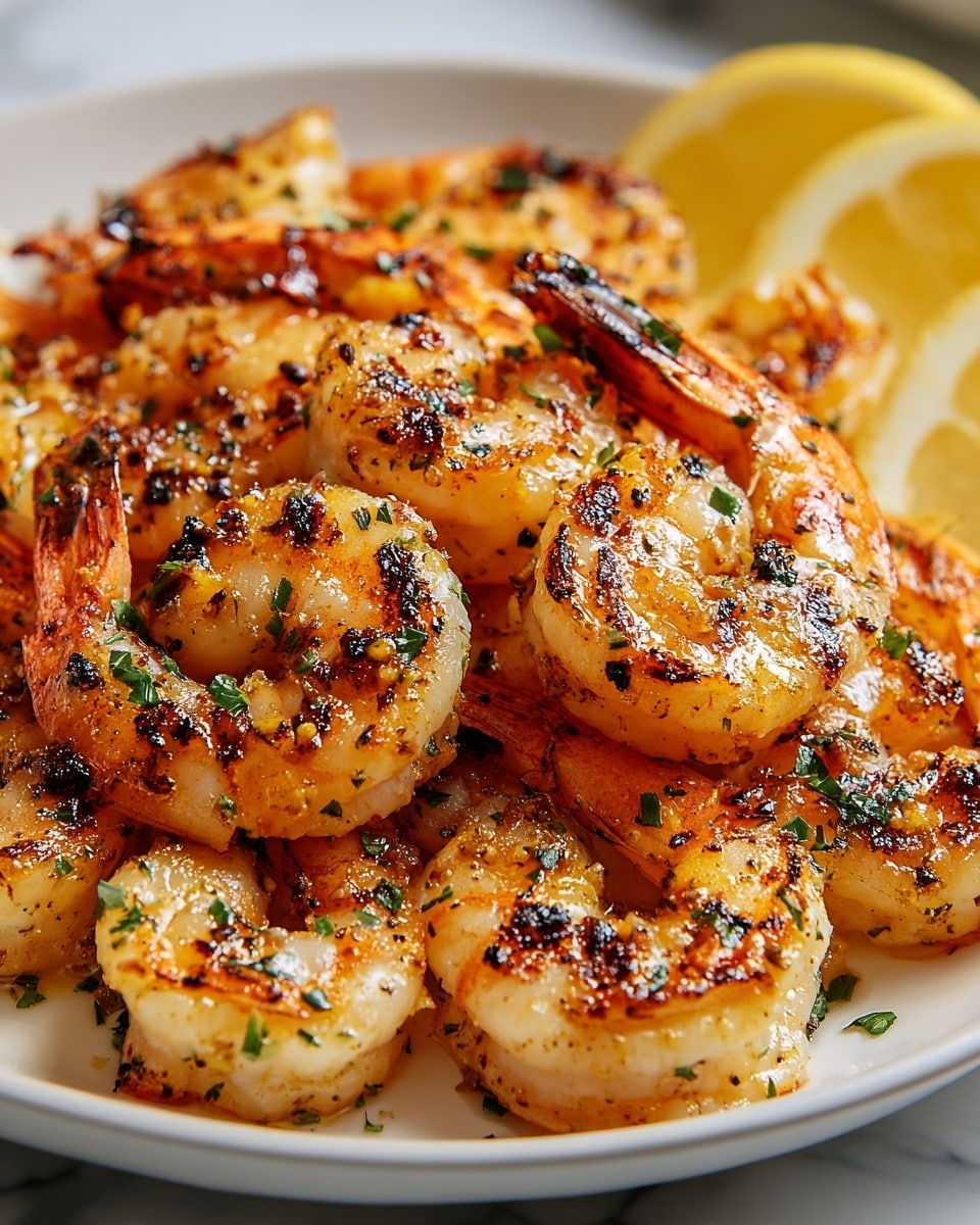 A close-up view of a white plate filled with grilled shrimp, each shrimp showing a mix of light orange and white colors with charred black grill marks adding texture on top. The shrimp are sprinkled with small pieces of chopped green herbs, creating a contrast with the warm tones of the shrimp. In the background, there are soft yellow lemon wedges placed on the plate, slightly blurred. The whole dish is set against a white marbled textured surface, highlighting the vivid colors and textures of the shrimp. photo taken with an iphone --ar 4:5 --v 7
