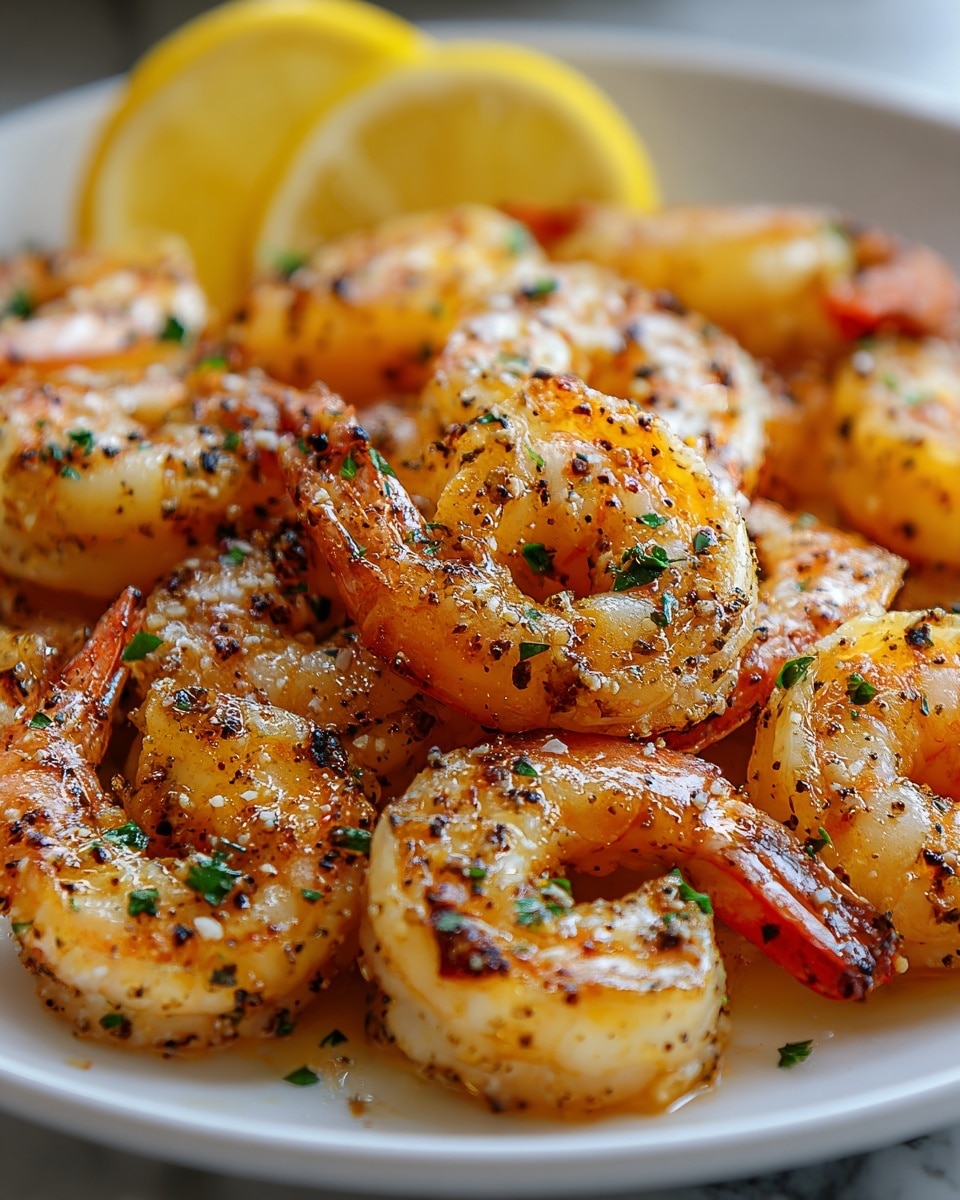 A close-up of cooked shrimp arranged tightly on a white plate, each shrimp showing a golden-brown grilled texture with visible seasoning of black pepper and finely chopped green herbs sprinkled on top, some shrimp slightly curled, shining with a light glaze of butter or oil, and two lemon wedges blurred in the background on the plate’s edge, all placed on a white marbled surface. photo taken with an iphone --ar 4:5 --v 7