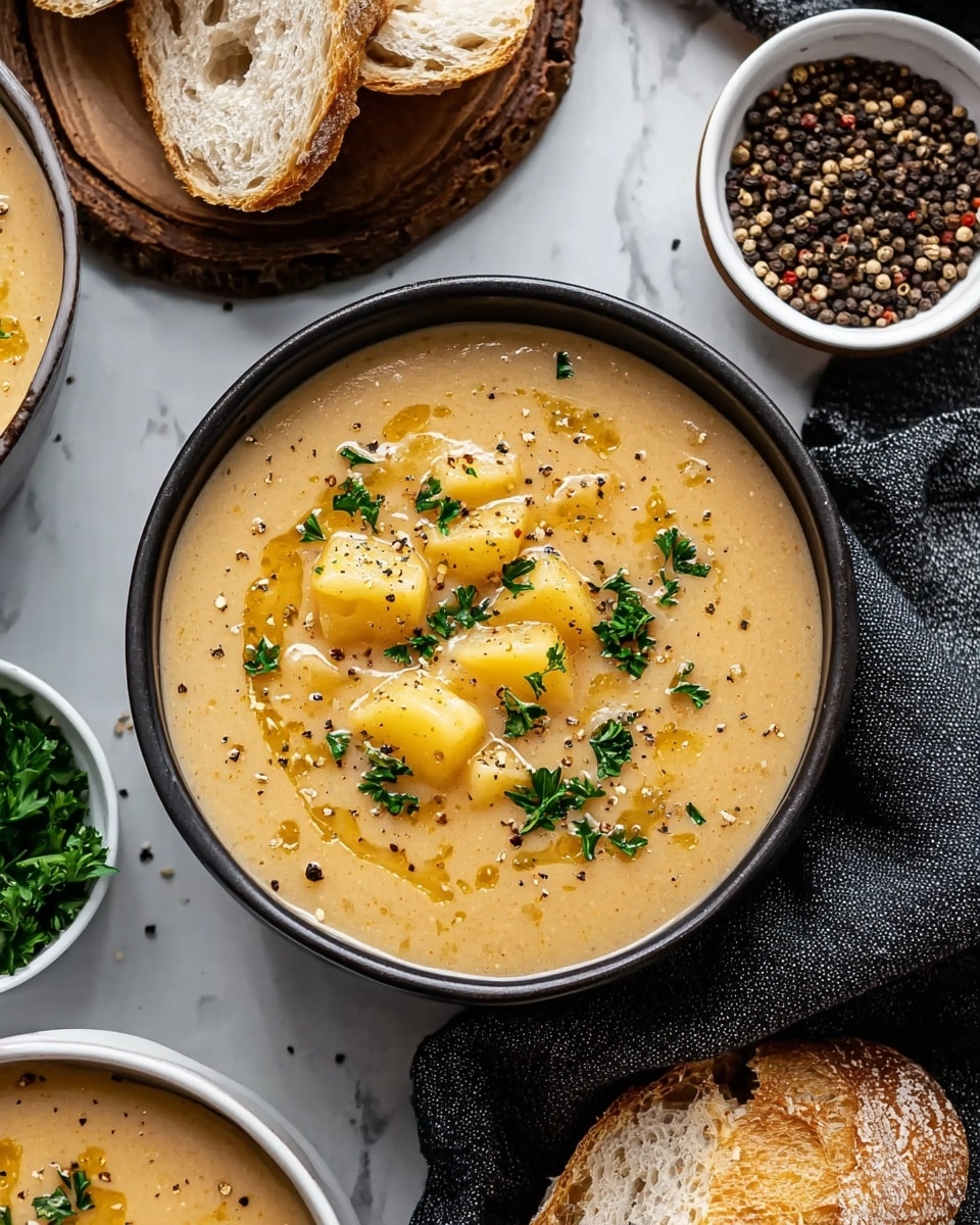 The image shows a bowl of creamy soup with three main layers visible: at the bottom, a smooth, thick, light brown broth; mid-layer, chunky pieces of light yellow potatoes floating evenly; and the top layer dotted with small dark specks of black pepper and bright green parsley sprigs, along with a slight drizzle of golden oil giving a shiny texture. Around the bowl are pieces of crusty bread with airy interiors on white plates, resting on a white marbled surface along with a small white bowl filled with mixed peppercorns and a dark gray cloth nearby. Photo taken with an iphone --ar 4:5 --v 7