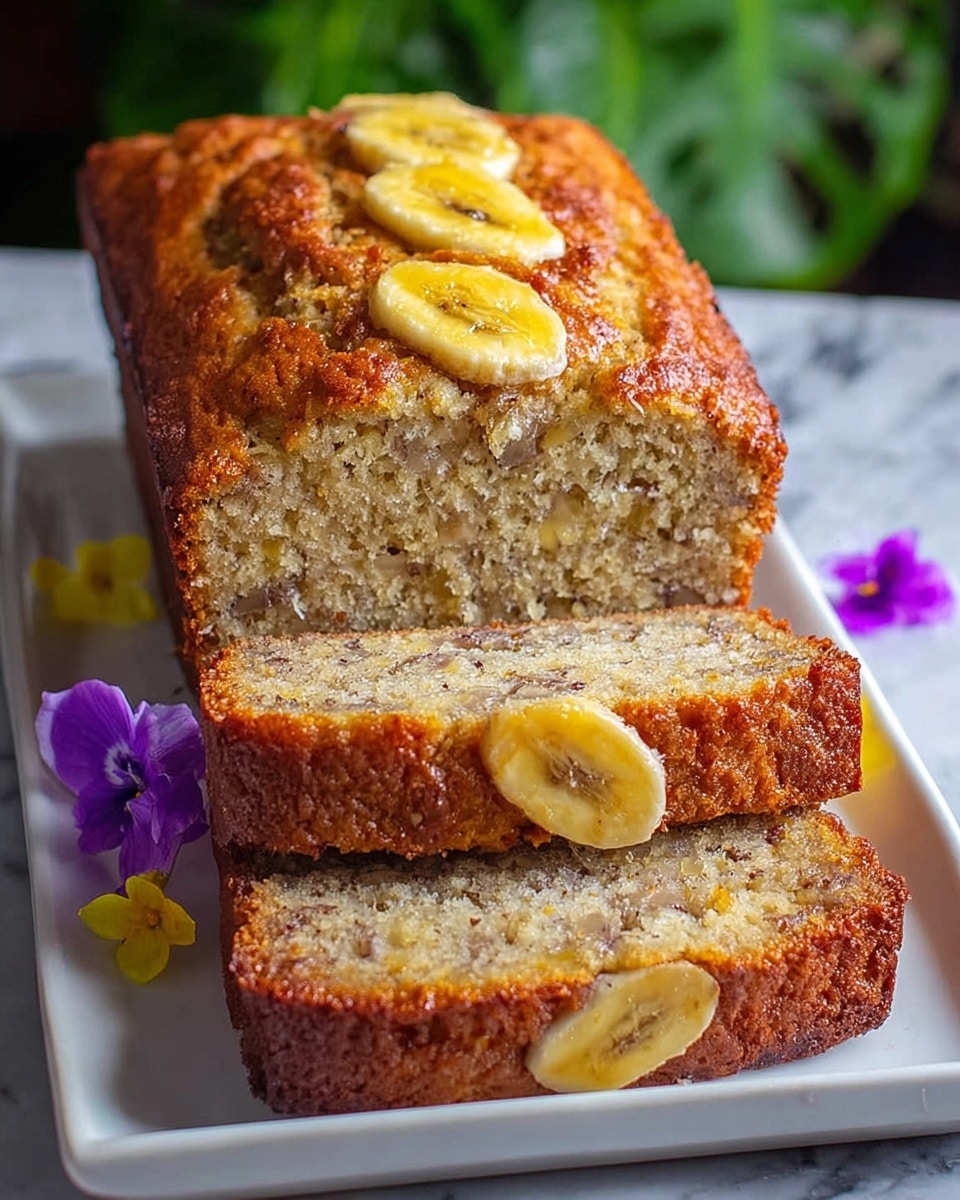 A loaf of moist banana bread with visible small chunks of banana inside is shown stacked with one whole piece on top and two slices below. The bread has a golden brown crust with a slightly darker edge and a soft, light brown crumb. On top of the loaf, there are a few small yellow edible flowers adding a fresh touch. The bread is placed on a simple white plate with a subtle rim design, sitting on a white marbled surface. Photo taken with an iphone --ar 4:5 --v 7