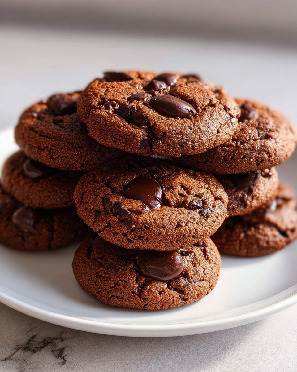 A stack of six thick, dark brown chocolate cookies with a rough, crumbly texture sits on a white plate. The cookies are studded with glossy, melted chocolate chunks and chips, scattered unevenly across the surface, adding slight shine and variation in texture. The plate rests on a white marbled textured surface, and the cookies overlap each other, creating a cozy, inviting pile. Photo taken with an iphone --ar 4:5 --v 7