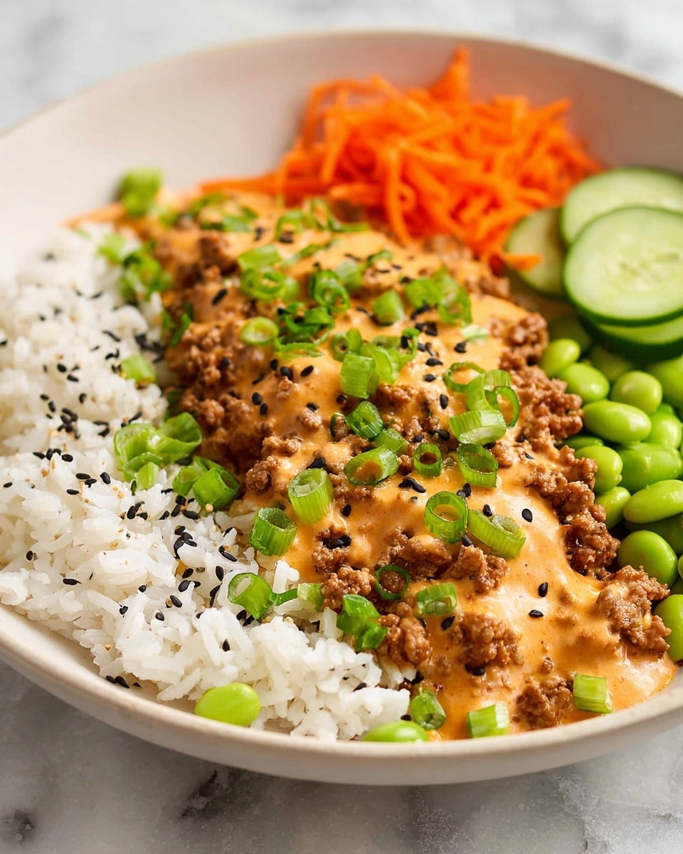A white shallow bowl holds a dish with four main layers arranged side by side. On one side, there is fluffy white rice topped with scattered black sesame seeds. Next to the rice, there is cooked ground meat covered with a creamy orange sauce, garnished with chopped green onions and black sesame seeds. Beside the meat, bright green edamame beans add a fresh pop of color. At the far side of the bowl, there are thin slices of cucumber and shredded orange carrots, giving a fresh contrast. Everything is placed on a white marbled surface. photo taken with an iphone --ar 4:5 --v 7