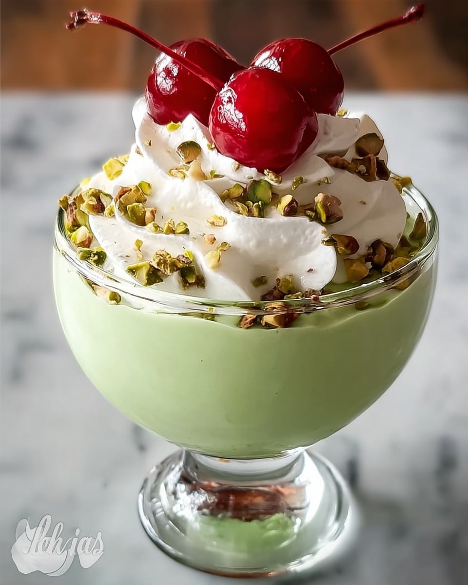 A glass dessert cup with three clear layers is filled with a smooth pale green mousse as the bottom and main layer. On top of the mousse is a layer of white whipped cream shaped in soft swirls, sprinkled with small chopped green and brown pistachio bits. Sitting on top are four shiny, bright red cherries with long stems, adding a pop of rich color against the creamy layers below. The dessert cup is set on a white marbled surface, and the photo is taken with an iphone --ar 4:5 --v 7