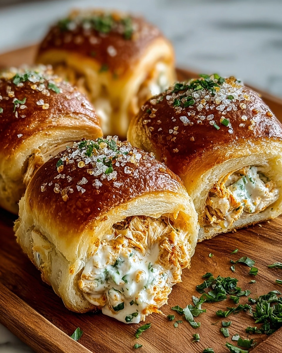 The image shows three pieces of a stuffed bread roll, each cut to reveal its inside layers. The outer layer is a shiny, golden-brown crust sprinkled with chopped green herbs and coarse salt. Inside, there is a layer of creamy white cheese mixed with small pieces of browned, shredded chicken and finely chopped green herbs. The rolls are placed on a wooden board with a smooth texture, and the cheese filling is soft and slightly melting. Photo taken with an iphone --ar 4:5 --v 7