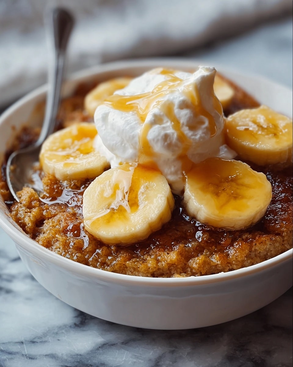 A white round baking dish filled with a warm dessert featuring a base layer of a brown crumbly mixture topped with evenly spaced slices of cooked bananas around the edge. In the center, there is a generous scoop of creamy vanilla ice cream, sprinkled lightly with cinnamon or nutmeg, adding a warm tone and texture contrast. The dish is set on a wooden surface with a soft focus background. Photo taken with an iphone --ar 4:5 --v 7