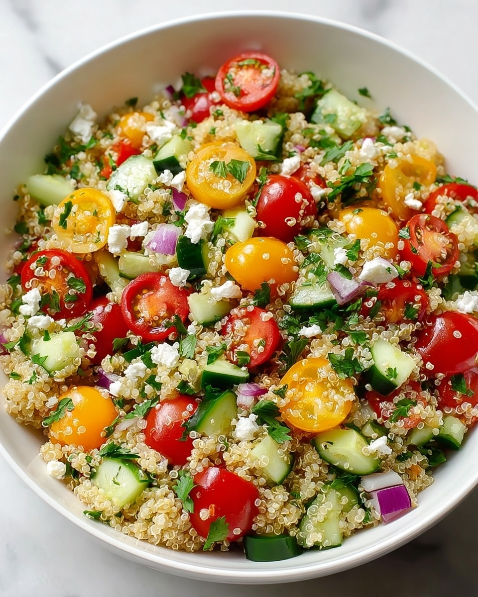 A white bowl filled with a fresh quinoa salad showing three main layers: the base layer is light, fluffy white quinoa grains; the middle layer consists of bright green cucumber slices cut into rounds and half rounds, mixed with small diced purple onion pieces scattered throughout; the top layer is colorful cherry tomatoes in red and yellow, some whole and some halved, with white crumbles of feta cheese and fresh green mint leaves sprinkled evenly on top. The bowl sits on a white marbled textured surface. photo taken with an iphone --ar 4:5 --v 7