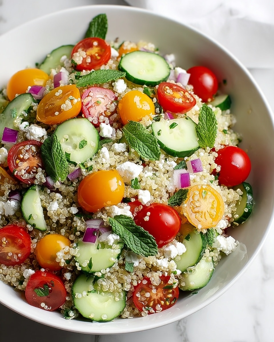 A large white bowl filled with a fresh salad showing three main layers: the base layer is light beige quinoa with small round grains, mixed throughout with bright red and yellow cherry tomatoes cut in halves, shiny cucumber chunks with dark green skin and crisp white interior, and small pieces of purple-red onion. Scattered on top are small white crumbles of cheese and fresh green parsley leaves, adding a vibrant mix of colors and textures. The bowl is placed on a white marbled surface. photo taken with an iphone --ar 4:5 --v 7