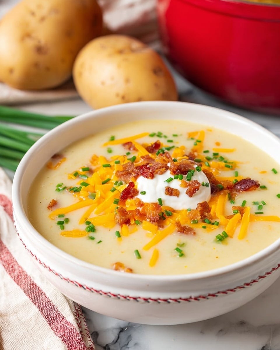 The image shows a white bowl filled with creamy light yellow potato soup, sitting inside a larger white bowl with red stitching detail. The soup has a smooth texture and is topped with bright orange shredded cheddar cheese, a dollop of white sour cream in the center, small crispy brown bacon bits, and chopped green chives scattered on top. In the background, two whole potatoes and a red pot are partially visible, all set on a white marbled surface. photo taken with an iphone --ar 4:5 --v 7