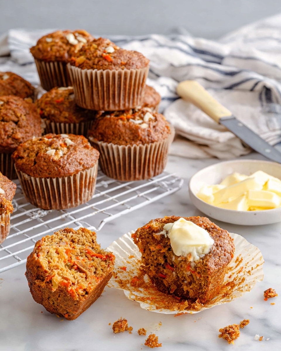 A group of moist brown muffins with small shreds of orange carrot and white specks of coconut sit clustered on a white wire rack, with one whole muffin placed separately on the white marbled surface. In front, one muffin is split open revealing a moist, crumbly inside with bits of carrot and coconut, topped with a dollop of creamy white butter. Crumbs are scattered around the open muffin on the surface. In the background, there is a white plate holding a small bowl of pale yellow butter and a knife with a cream handle resting beside it on the plate. A soft, white cloth with navy stripes is draped in the background. photo taken with an iphone --ar 4:5 --v 7