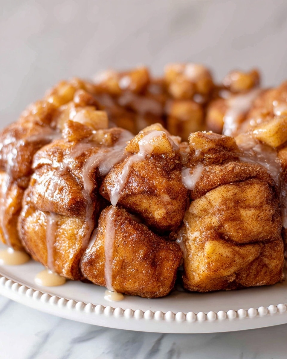 A round pull-apart monkey bread sits on a white plate with a raised bead rim, placed on a white marbled surface. The monkey bread is made up of many soft, golden brown dough pieces coated in cinnamon sugar, stacked closely in a ring shape with a hole in the middle. The dough pieces are topped with small, glossy chunks of cooked apples that are golden and slightly caramelized. A light, creamy white glaze is drizzled unevenly over the top, flowing down the sides and pooling slightly at the base, adding a shiny texture. In the background, there are stacked white plates and a red and white striped kitchen towel, both out of focus. photo taken with an iphone --ar 4:5 --v 7