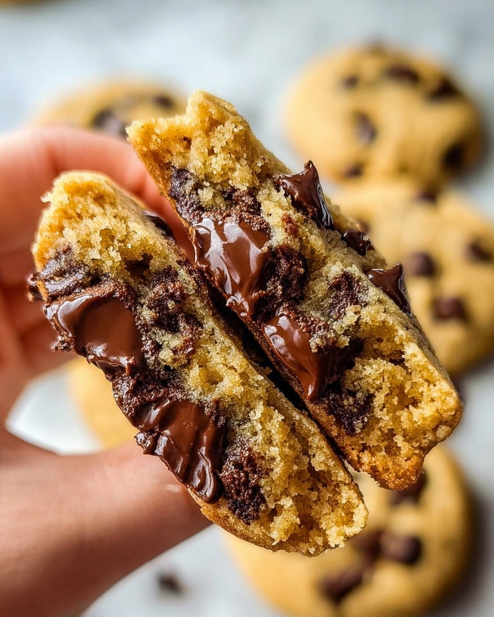 A close-up view of a broken open chocolate chip cookie held by a woman's hand, showing two main layers: the soft, crumbly golden-brown cookie dough with a slightly grainy texture forming the base layer, and large, glossy dark brown melted chocolate chips embedded throughout the dough with some chips slightly melted and oozing. In the background, slightly blurred whole cookies with similar textures rest on a white marbled surface. Photo taken with an iphone --ar 4:5 --v 7