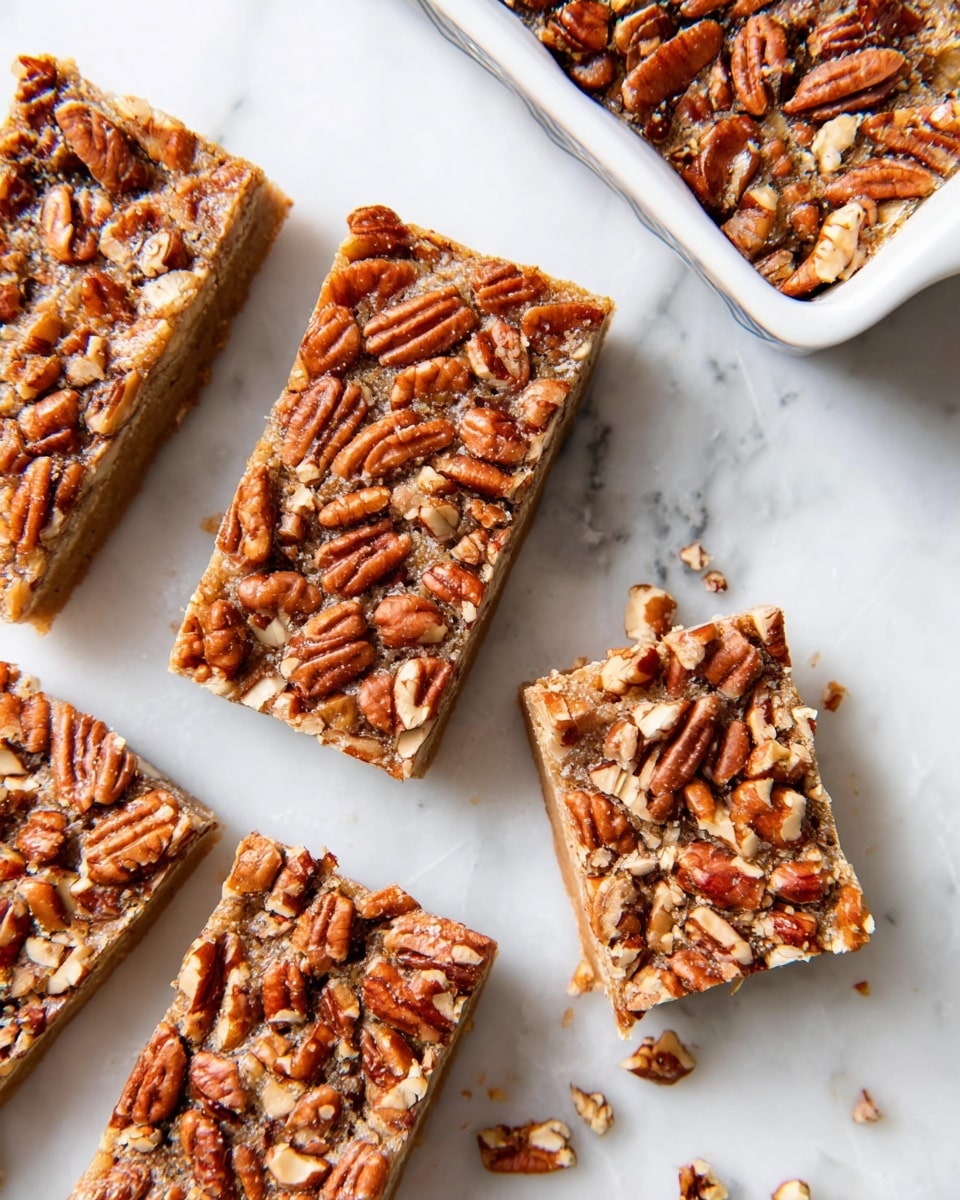 The image shows five rectangular nut bars placed on a white marbled surface. Each bar has two layers: a dense, light brown base layer with a soft, cake-like texture, topped generously with chopped pecan nuts that are medium brown with a slightly glossy finish. The nuts cover the entire top layer, creating a rough, uneven surface with varied sizes of pecan pieces, giving the bars a crunchy look. A white rectangular baking dish is partly in view at the top right corner, with more bars inside. Small nut crumbs are scattered lightly around the bars. photo taken with an iphone --ar 4:5 --v 7