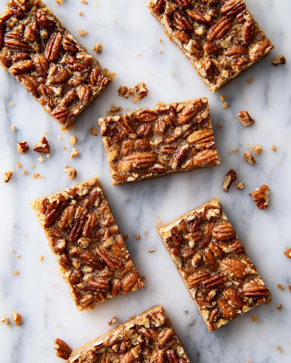 The image shows six rectangular bars spread out on a white marbled surface. Each bar has a golden-brown base layer with a rough texture, topped with a thick layer of chopped pecans that cover the entire surface. The pecans vary in size, adding a mix of large and small pieces, creating a crunchy-looking texture. Some pecan bits and crumbs are scattered around the bars on the surface. The light is soft and natural, making the golden colors and the marbled surface stand out. photo taken with an iphone --ar 4:5 --v 7