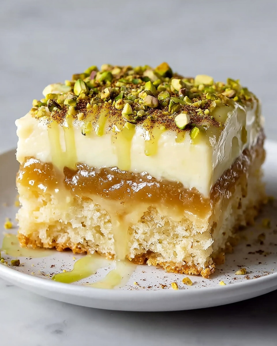 A square slice of a three-layer dessert sits on a white plate over a white marbled surface. The bottom layer is light golden and crumbly, looking like a soft cake. The middle layer is a thick, shiny, caramel-colored filling with a slightly gooey texture. The top layer is creamy and pale yellow, smooth and glossy, with a drizzle of light green sauce on the edges. The dessert is sprinkled with chopped green pistachios and a dusting of brown powder, giving it a rich and textured look. photo taken with an iphone --ar 4:5 --v 7