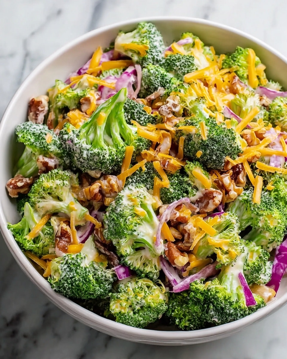 A white bowl filled with a layered broccoli salad, starting with fresh, bright green broccoli florets as the base layer. Mixed among the broccoli are small pieces of purple-red onion and crunchy brown walnut halves, creating texture and color contrast. Thin, orange shredded cheddar cheese is scattered evenly on top. The salad is lightly coated with a creamy, off-white dressing that adds gloss and binds the ingredients. The bowl rests on a white marbled surface, highlighting the vivid colors of the salad. photo taken with an iphone --ar 4:5 --v 7