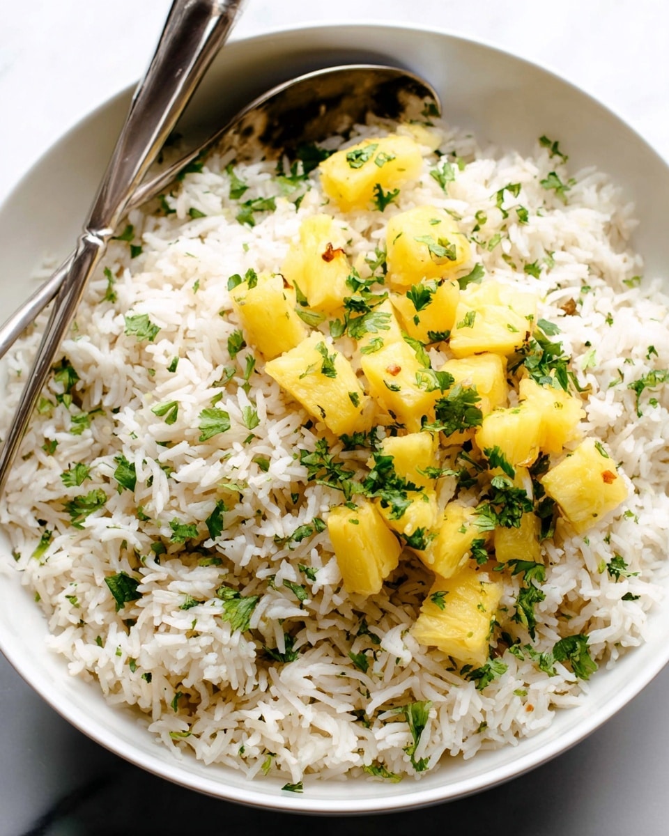 A large bowl filled with light fluffy cooked rice that is mostly white with hints of light brown toasted bits mixed throughout. On top, there is a small pile of fresh green cilantro leaves and finely chopped herbs, adding a splash of vibrant green color. A wooden spoon with dark grain is partially buried in the rice, scooping up a portion of the mix. The bowl has a slightly worn golden tone on the inside, and the whole setting sits on a white marbled surface. photo taken with an iphone --ar 4:5 --v 7