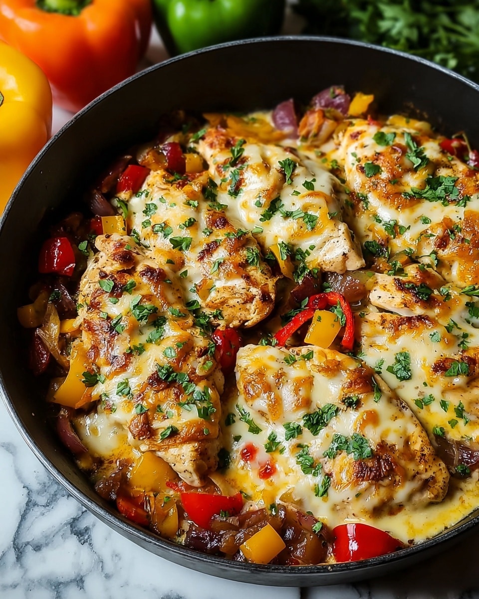 The image shows a black skillet filled with cooked chicken breasts covered in melted yellow and white cheese, topped with chopped green herbs. Around the chicken, there are cooked red, yellow, and green bell peppers along with bits of browned onions, creating a colorful mix. The chicken pieces are arranged in a slightly overlapping layer, and the cheese layer is thick and gooey with some browning. The skillet is placed on a white marbled surface with some orange and green bell peppers visible in the background. Photo taken with an iphone --ar 4:5 --v 7