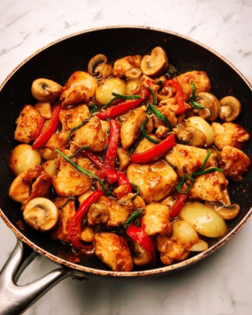 A round black pan filled with cooked pieces of golden brown chicken and whole mushrooms scattered around, mixed with sliced red peppers and green herbs placed inside. The food looks juicy and slightly oily, with a light glossy shine over the surface. The background is a white marbled texture. Photo taken with an iphone --ar 4:5 --v 7