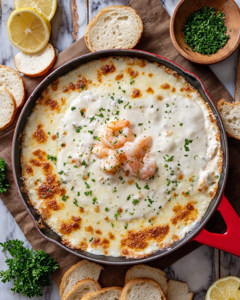 The dish is a creamy baked shrimp dip served in a round skillet with a red handle, placed on a brown cloth on a white marbled texture. The dip has two main layers: a thick, white creamy base with a smooth and slightly bubbly texture around the edges, and a golden-brown melted cheese layer on top, unevenly browned with some light crispy spots. In the center, there is a small pile of pink cooked shrimp, garnished with finely chopped green herbs scattered lightly over the cheese and shrimp. Around the skillet, there are white round bread slices, a few lemon halves, fresh green parsley leaves, and a small wooden bowl filled with finely chopped green herbs. Photo taken with an iphone --ar 4:5 --v 7