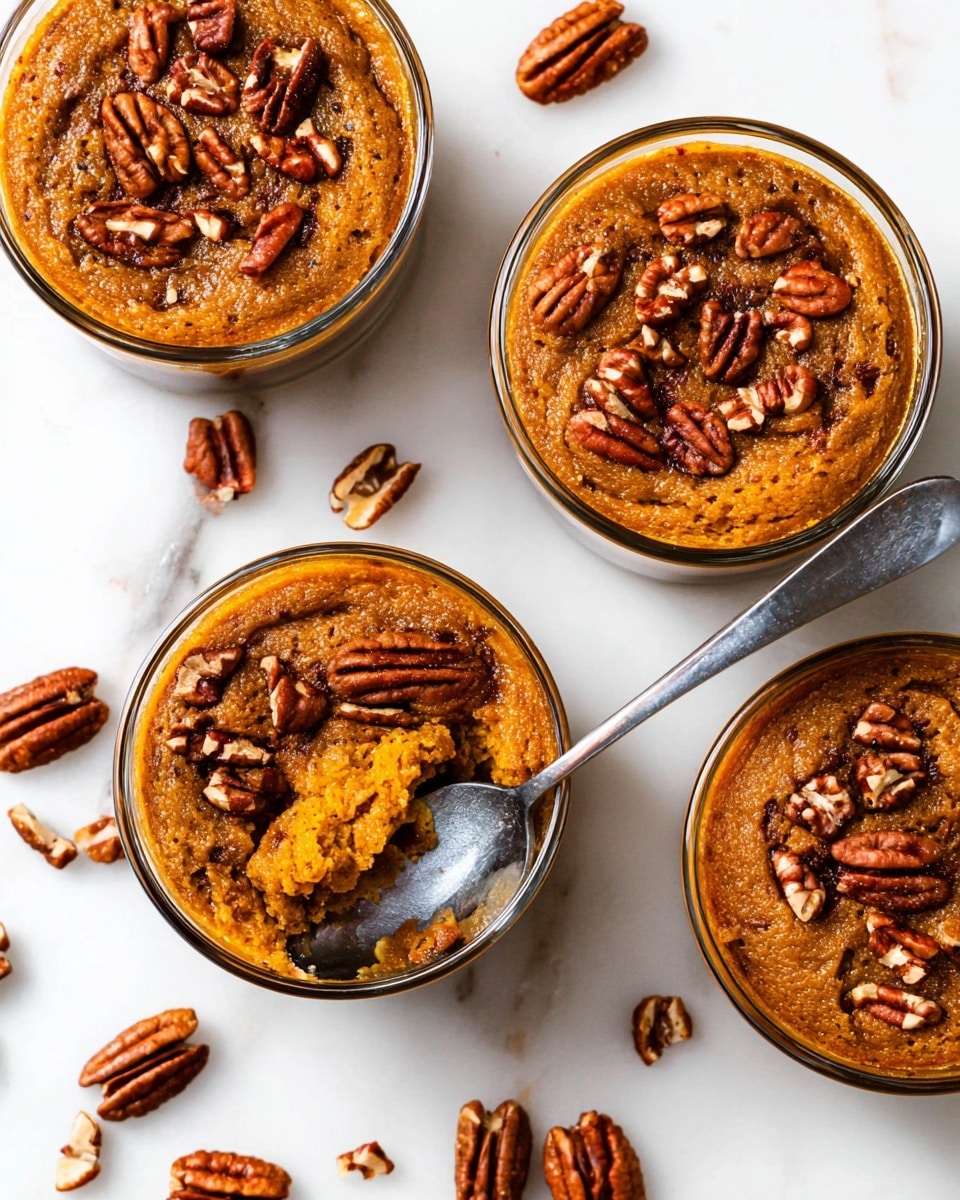 There are four small round clear bowls filled with an orange-brown baked dish that looks soft and slightly cracked on top. Each bowl has a single layer of chopped brown pecan nuts sprinkled evenly across the surface. One bowl, near the bottom center, has a spoon digging into it, showing a moist, dense texture inside, with the spoon partially covered in the dish. The bowls are placed on a white marbled surface with scattered whole and broken pecan nuts around them. The light tones and clear texture of the bowls highlight the warm colors and rough texture of the baked dish, photo taken with an iphone --ar 4:5 --v 7