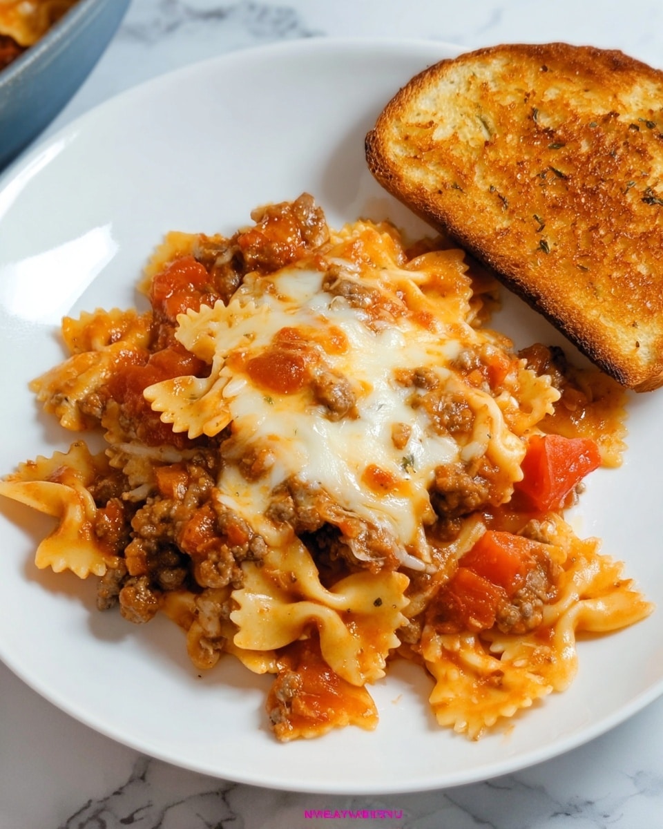 A white plate holds a serving of pasta bake with three visible layers: the bottom layer is made of small bowtie pasta in light beige, mixed with a chunky red tomato sauce, the middle layer contains browned ground meat adding a rich brown texture, and the top layer has melted white and light orange cheese blending with the sauce and pasta. The dish is slightly saucy and glossy, with some diced tomatoes scattered around. To the right side on the plate, there is a toasted golden-brown bread slice with a crispy texture. The plate is set on a surface with a white marbled texture. Photo taken with an iphone --ar 4:5 --v 7