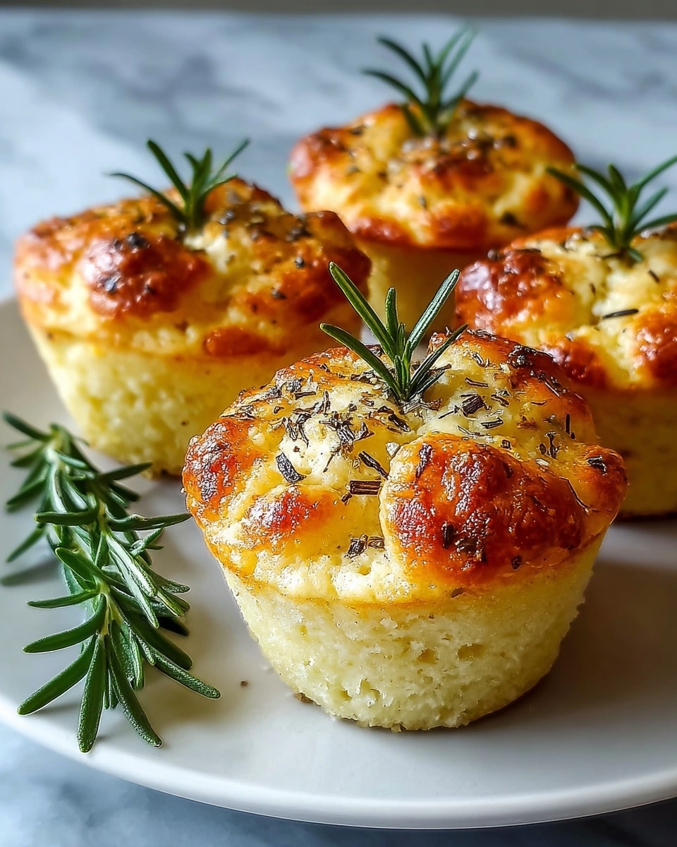 The image shows four golden brown savory muffins on a white plate placed on a white marbled surface. Each muffin has two visible layers: a soft, spongy bottom layer with a light yellow color and a puffy, slightly crispy top layer, browned with a shiny texture. The muffins are sprinkled with coarse salt and dried herbs that add specks of dark green and black. Each muffin is topped with a fresh green sprig of rosemary, adding a touch of vibrant color. Extra rosemary sprigs lie on the plate beside the muffins. Photo taken with an iphone --ar 4:5 --v 7