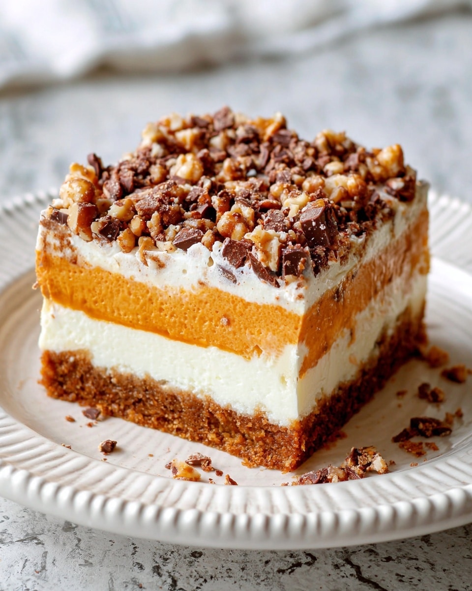 A square dessert bar with four distinct layers sits on a white plate with a beaded edge. The bottom layer is a firm, crumbly brown crust. Above it is a thick, smooth layer of light cream color, followed by a dense, bright orange layer with a creamy texture. On top of this is another layer of creamy white, soft and fluffy. The top layer is covered with a thick scattering of crushed nuts and chocolate pieces, giving it a crunchy texture in deep brown and light caramel tones. Some crumbs are scattered around the base of the bar on the plate. The background features a white marbled texture. Photo taken with an iphone --ar 4:5 --v 7