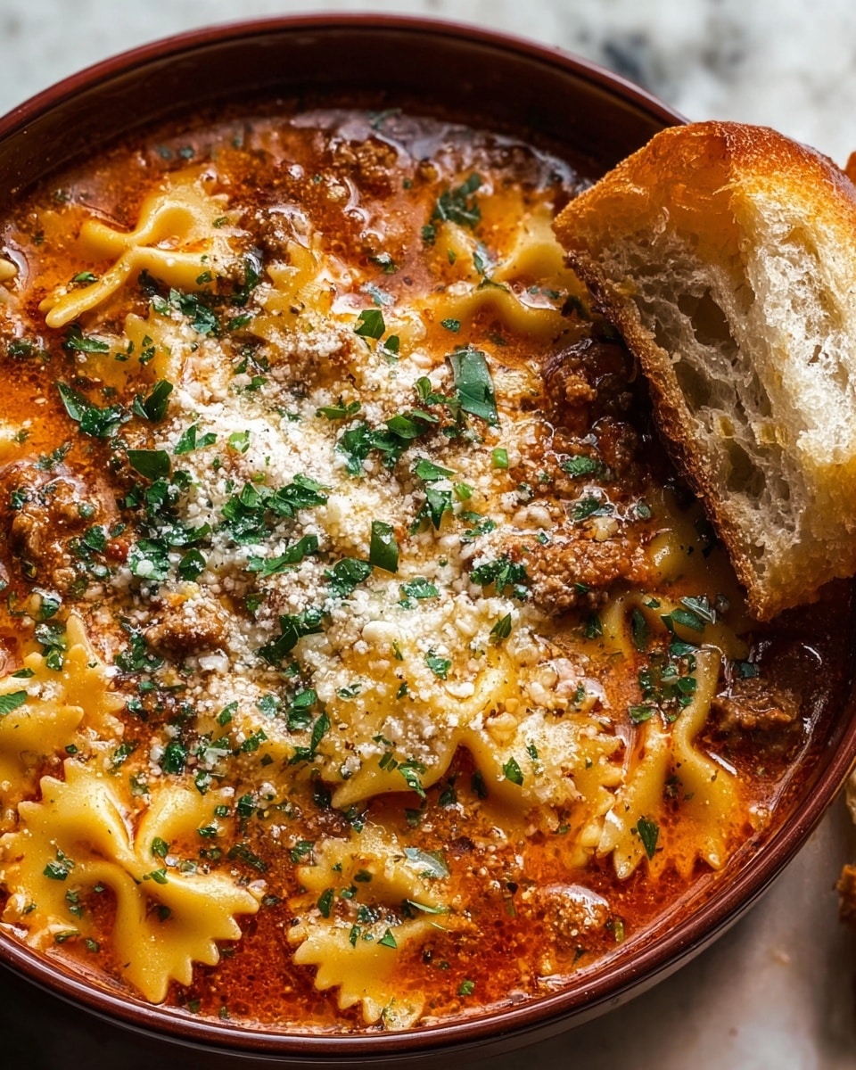 A close-up view of a deep dish filled with rich pasta soup that has about three main layers: the bottom layer is a red-orange tomato broth, the middle layer contains meat and bowtie-shaped pasta, and the top layer is sprinkled with grated white cheese and chopped green herbs. On the right side, a piece of crusty bread with a golden-brown crust rests partly inside the dish. The dish is set on a white marbled surface. Photo taken with an iphone --ar 4:5 --v 7