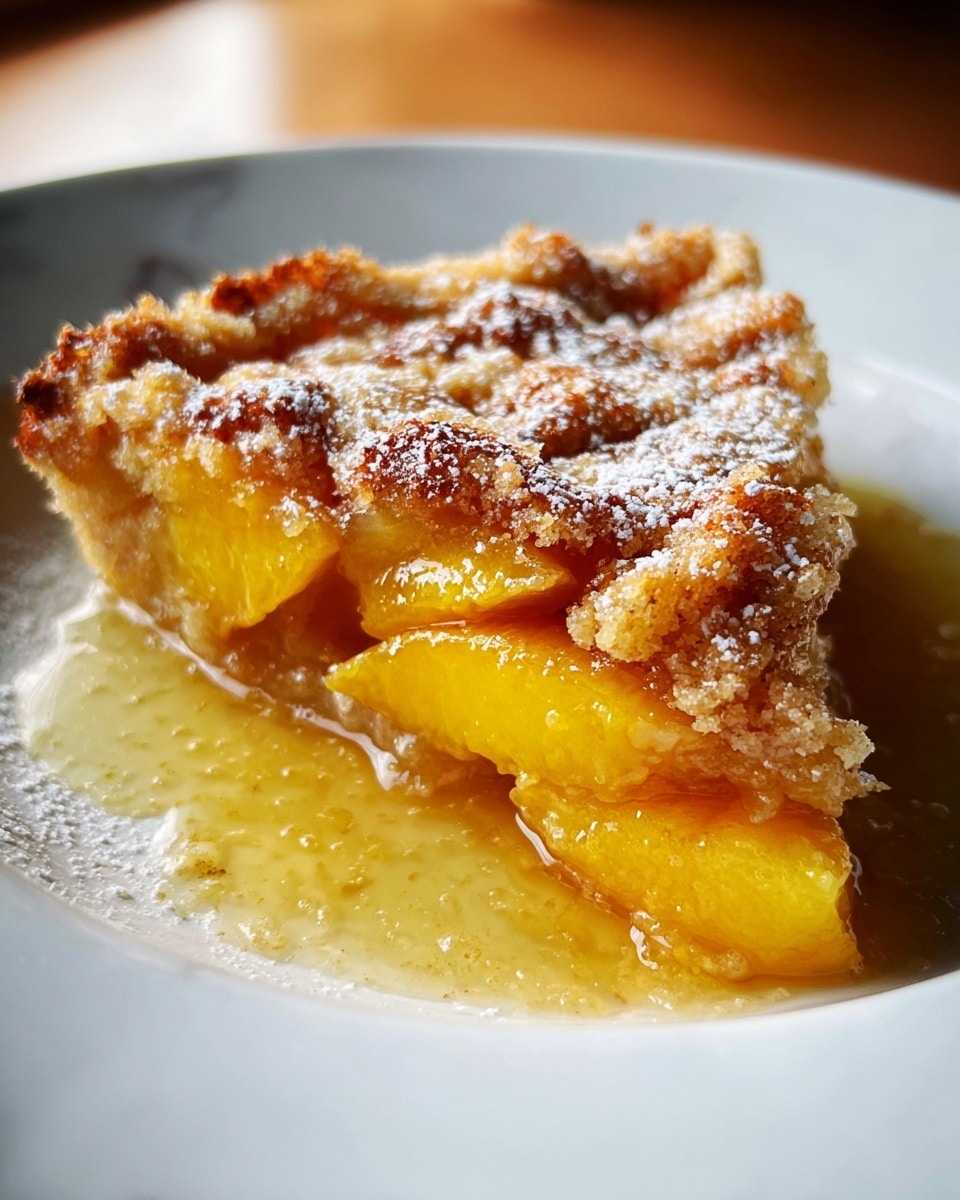 A close-up view of a slice of peach crumb pie on a white plate, showing three main layers: the bottom layer is a golden crust with a slightly browned edge, the middle layer consists of thick, juicy yellow peach slices with a glossy, syrupy red filling seeping between them, and the top layer is a golden-brown crumb topping with a rough, crumbly texture sprinkled with granulated sugar that glistens in the light. The dessert looks moist and textured, set against a soft background with warm light enhancing the colors. Photo taken with an iphone --ar 4:5 --v 7