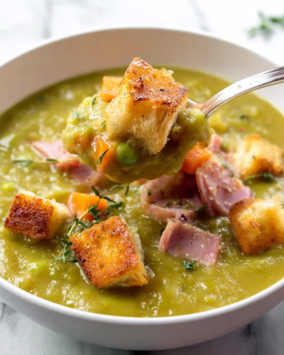 A white bowl filled with thick green pea soup topped with golden brown croutons scattered over the surface with small pieces of orange carrot and bits of shredded meat visible under the croutons; fresh small green thyme leaves add a fresh touch. A silver spoon is partially dipped into the soup from the right side, resting inside the bowl. In the background, a dark gray bowl also filled with soup and croutons is slightly out of focus, sitting on a gray cloth on a white marbled surface. photo taken with an iphone --ar 4:5 --v 7