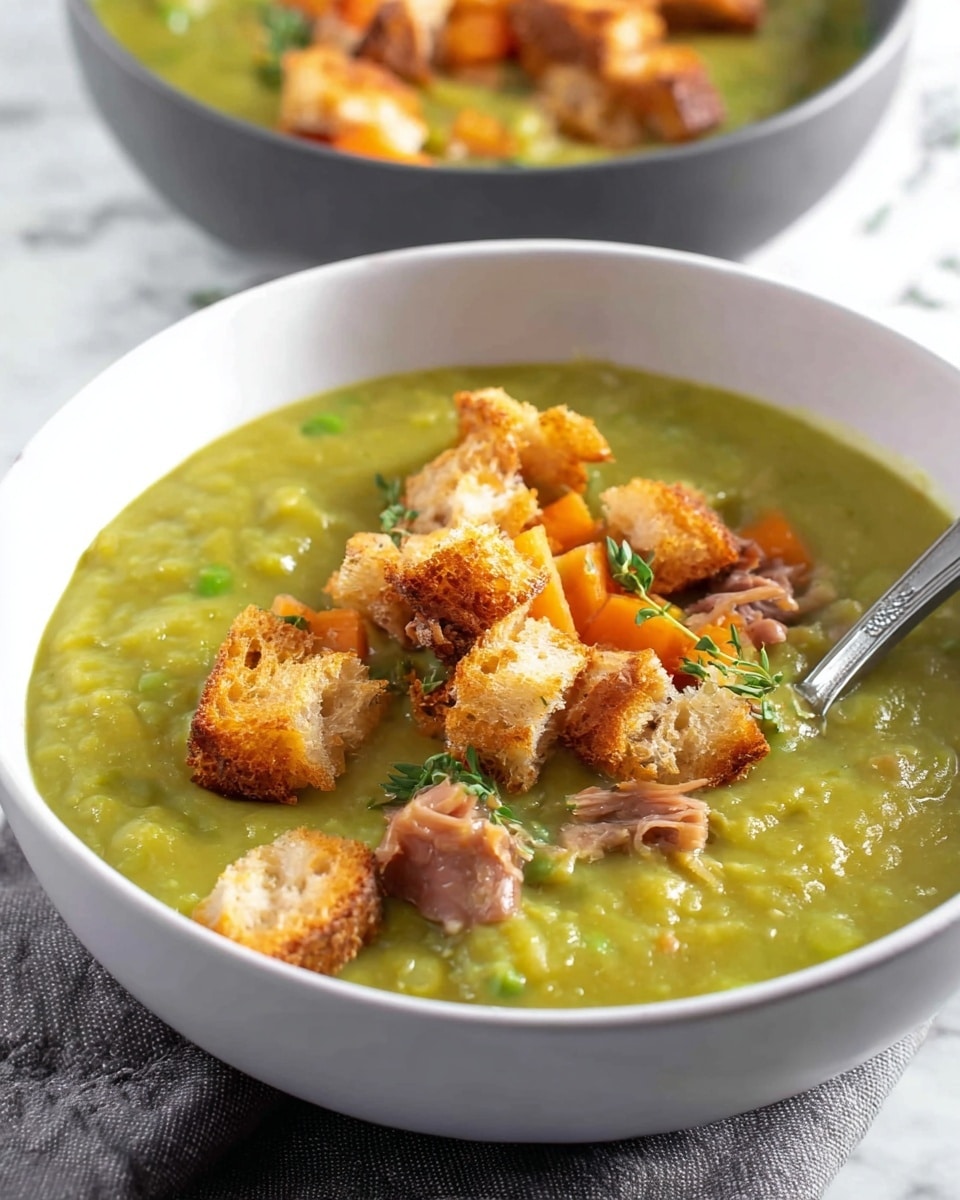 A white bowl filled with thick, creamy green pea soup showing chunks of orange carrot and pieces of light pink ham mixed into the soup. On top, there are golden-brown toasted croutons scattered, some irregularly shaped with a crunchy texture. A metal spoon lifts a scoop of the soup, holding a mix of the soup, ham, and a large crouton. Small sprigs of fresh green thyme garnish the soup, all set on a white marbled surface. photo taken with an iphone --ar 4:5 --v 7
