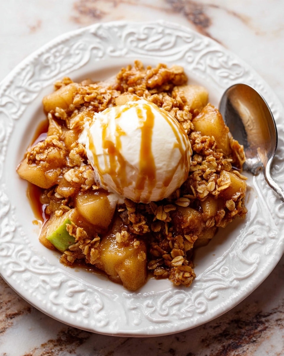 The image shows a white rectangular baking dish filled with baked apple crisp. The top layer is a thick, crumbly oat and brown sugar topping with a rough texture and light golden-brown color. Underneath, there is a juicy, glossy apple filling with soft chunks of cooked apple pieces in a syrupy caramel brown sauce. A silver spoon is scooping out the apple filling and crumb topping from one corner of the dish, revealing the layers inside. The dish is placed on a wooden surface with part of red and green apples visible at the bottom edges. Photo taken with an iphone --ar 4:5 --v 7